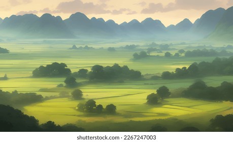 Beautiful Mountains and Farmlands Scenery during Sunset or Sunrise Detailed Hand Drawn Painting Illustration