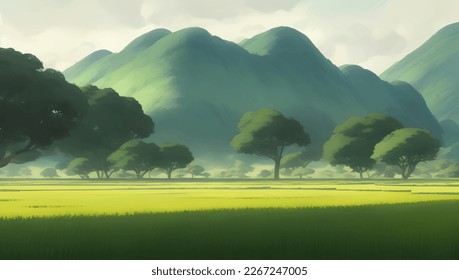 Belles montagnes et terres agricoles Décor au coucher du soleil ou au lever du soleil Illustration de peinture Dessinée à la Main