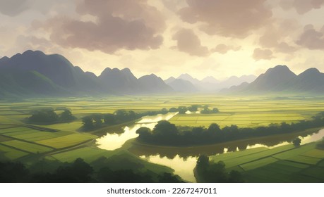 Beautiful Mountains and Farmlands Scenery during Sunset or Sunrise Detailed Hand Drawn Painting Illustration