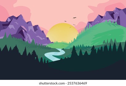 Beautiful mountains, forests, river at sunset, vector illustration. Panoramic landscape, colorful, view, hills and clouds.

