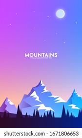 Beautiful mountains, great design for any purposes. A moon night in the forest. Travel concept. Nature landscape. Landscape tourism. Vector background. Vector isolated illustration.