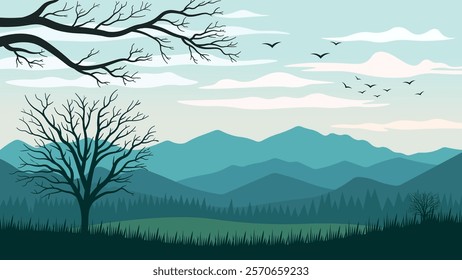 Beautiful Mountains Hills Nature Landscape with Barren Tree in Bright Sky