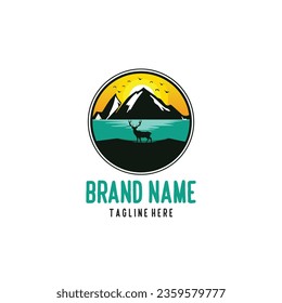 Beautiful mountains lake and animal logo design for outdoor business like hiking, advancer, rental property.
