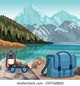 beautiful mountains and lake landscape with bag, binoculars and lantern, colorful design, vector illustration