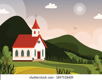 Beautiful mountains landcape and a scandinavian church. vector illustration poster.