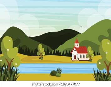 Beautiful mountains landcape and a scandinavian church. vector illustration poster.