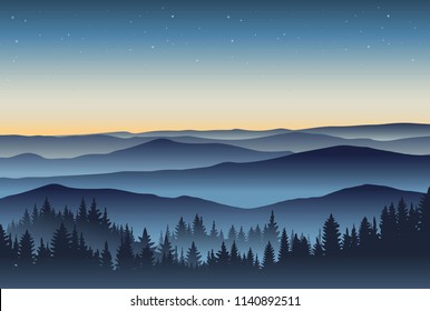 Beautiful mountains landscape in the foggy morning. Vector illustration. Layered trees and hills. Outdoor background.