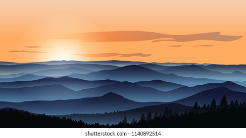 Beautiful mountains landscape in the foggy morning. Vector illustration. Layered trees and hills. Outdoor background.