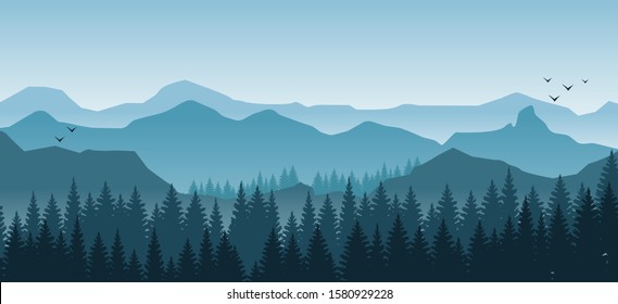 Beautiful mountains landscape in the foggy morning. Trees and hills. Light blue tones, flying birds. 