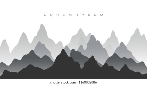 Beautiful mountains landscape in the morning. Vector wallpaper in grey colors. Panoramic vector illustration with space for text.