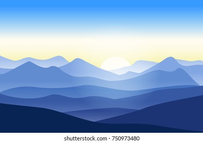 Beautiful mountains landscape at sunrise. Vector illustration in blue. Nature background.