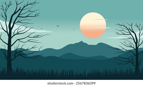 Beautiful Mountains Nature Landscape with Barren Tree and Sun in the Morning