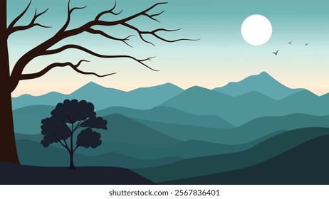 Beautiful Mountains Nature Landscape with Barren Tree and Sun in the Morning