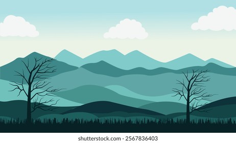 Beautiful Mountains Nature Landscape with Barren Trees in Bright Blue Sky