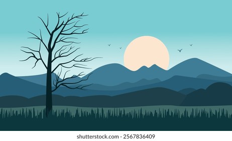 Beautiful Mountains Nature Landscape with Barren Tree and Sun in the Morning