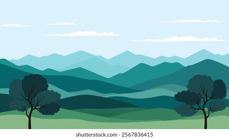 Beautiful Mountains Nature Landscape with Trees in Bright Blue Sky