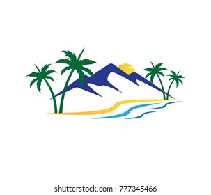 beautiful mountains palm coconut tree sunset vector logo design