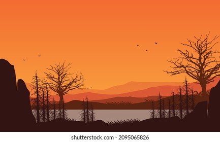 Beautiful mountains panorama in the afternoon from the river bank with the silhouette of dry trees around it. Vector illustration of a city