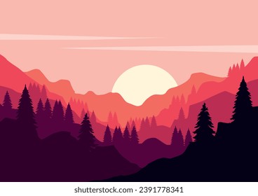 Hermosas vistas a las montañas. Ilustración del paisaje vectorial.