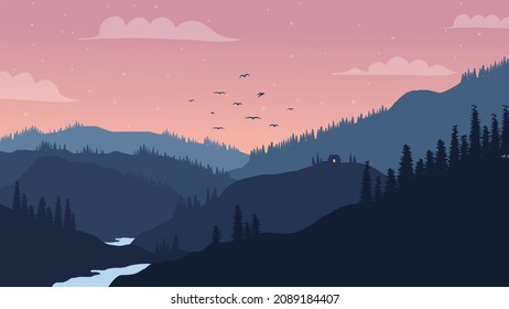 Beautiful mountains with pine trees and the river landscape at sundown background