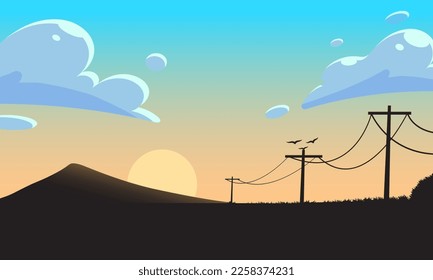 Beautiful Mountains and Power Pole at Sunrise Landscape With Clouds, Sun, and Utility Pole. Mountains Cartoon Wallpaper Background. Eps 10 Vector