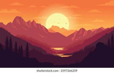 Beautiful Mountains River Nature Landscape with Canyon and Sun at Sunset Sunrise