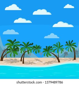 Beautiful mountains and sea landscape: blue ocean, palm trees, clouds, sand coastline. Vector background illustration of exotic tropical seascape in flat cartoon style. Summer beach backdrop banner.