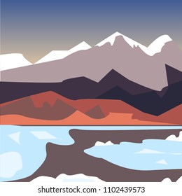 Beautiful mountains silhouette flat vector illustration. Winter mountains landscape. Travelling nature concept. Active lifestyle symbol. Hill tops outdoor icon. Lake and mountains. Hiking and camping