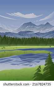 Hermosas montañas, cielo, bosque y río o lago. Paisaje de vectores