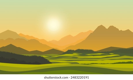 Beautiful mountains at sunset or sunrise. Summer landscape of high mountains against the backdrop of green meadows and fields, forests and trees and the rays of the warm summer sun.