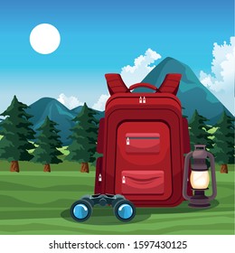 Beautiful mountains and trees landscape with backpack, binoculars and lantern, colorful design, vector illustration