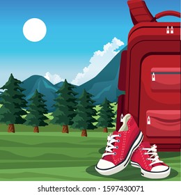 Beautiful mountains and trees landscape with red shoes and backpack, colorful design, vector illustration