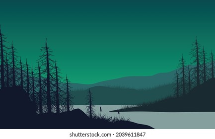 Beautiful mountains view from the riverside at night with the silhouette of the trees around it. Vector illustration of a city