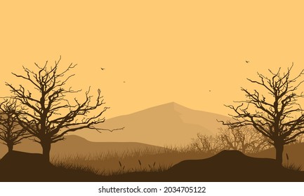The beautiful mountains view with the silhouette of dry trees from the suburb at dusk in the afternoon. Vector illustration of a city