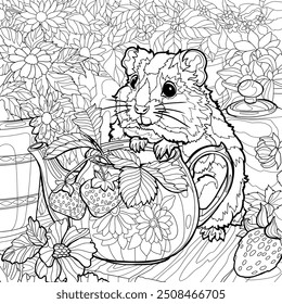 Hermoso animal ratón en taza de mano, página para colorear