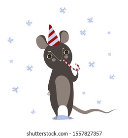 beautiful mouse in a festive cap with candy in its paws, stands under snowflakes. beautiful vector greeting card on a white background