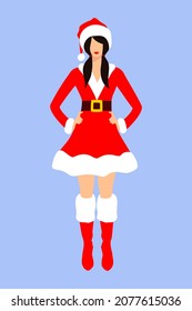 Beautiful Mrs. Claus with ponytails in short red and white dress, hat and shoes on a blue background. Christmas character. Flat vector illustration