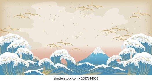 Beautiful Mt. Fuji and big waves landscape illustration