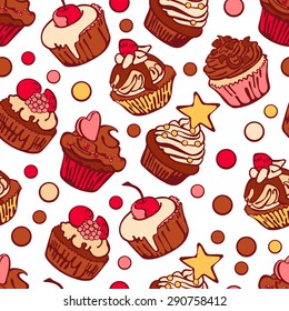 Beautiful muffin. Collection of six cupcakes. Vector seamless pattern (background).