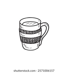 Beautiful mug with knitted design with hot tea drink in black isolated on white background. Hand drawn vector sketch illustration in doodle engraved vintage line art style. Christmas winter beverage