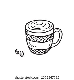 Beautiful mug with knitted design with hot tea drink in black isolated on white background. Hand drawn vector sketch illustration in doodle engraved vintage line art style. Christmas winter beverage