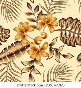 Beautiful multi colored exotic tropical flowers and dark yellow palm, banana leaves seamless vector pattern on beige background. Beach summer trendy illustration