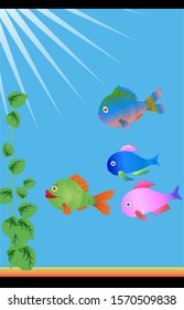 Beautiful multi colored fishes in aquarium. Vector illustration isolated on white background.