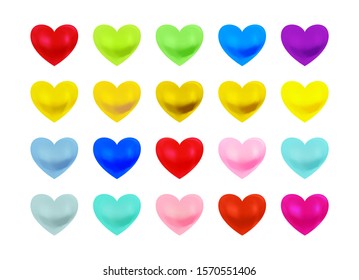 Beautiful multi coloured heart collection isolated on white background, Valentine's Day, wedding, love symbol. Realistic style high quality design element set.
