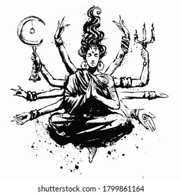 A beautiful multi-armed meditating girl with ten hands, in the Lotus position, hovers above the ground, holding various objects in her hands . 2D illustration.