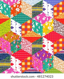 Beautiful multicolor patchwork blanket. Handmade carpet. Scrappy cover. Vector illustration.