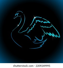 Beautiful multicolored abstract silhouette of a swan. One line drawing. Blue swan on a black background. Vector illustration