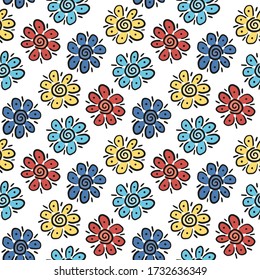 Beautiful multi-colored cartoon flowers isolated on white background. Bright floral seamless pattern. Hand drawn vector graphic illustration. Texture.