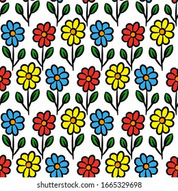 Beautiful multi-colored daisy flowers isolated on white background. Bright colorful vector hand drawing. Seamless pattern. Texture.