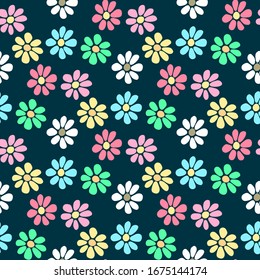 Beautiful multi-colored daisy flowers isolated on a dark blue background. Baby seamless pattern. Vector graphic hand illustration. Texture.